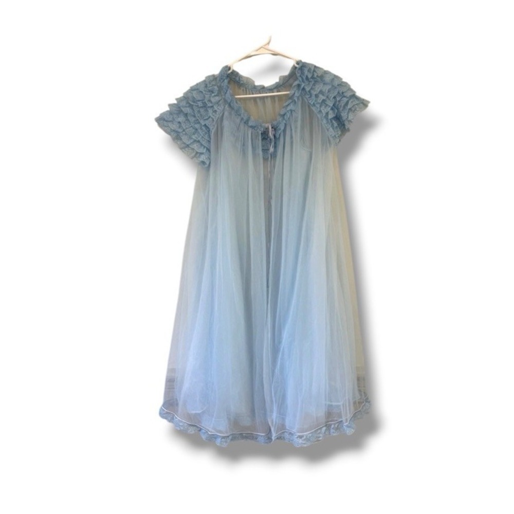 VTG Vanity Fair Sheer Peignoir Set Size Small Nylon Nightgown Robe USA Baby Blue